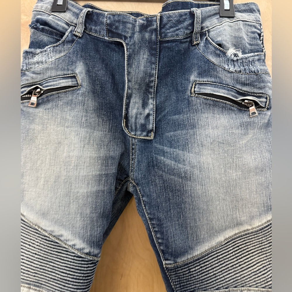 Balmain Slim Fit Biker Jeans in Blue Denim - Picture 14 of 16